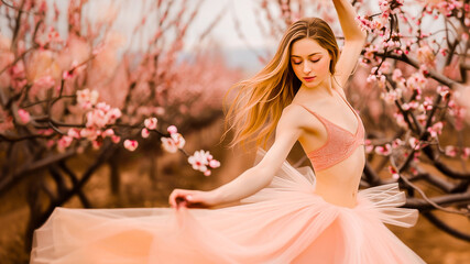 Fototapeta premium A young woman in a pink ballet dress dancing gracefully among spring blossom trees.