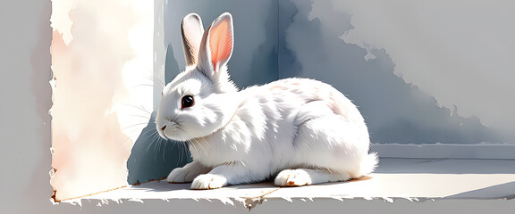 Side view of a cute white rabbit. Rabbit portrait. Smudged with ink. Animal illustration in watercolor style.
