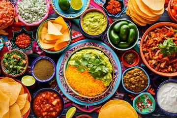 Colorful and vibrant Mexican feast with tacos, guacamole, nachos, and assorted salsas on a festive table. - obrazy, fototapety, plakaty