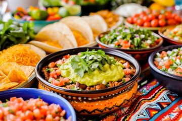 Vibrant Mexican feast with traditional tacos, guacamole, and fresh salsa on a festive tablecloth.