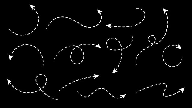 Dashed Arrows. Set of animated white dotted arrows on Transparent Background. Alpha channel