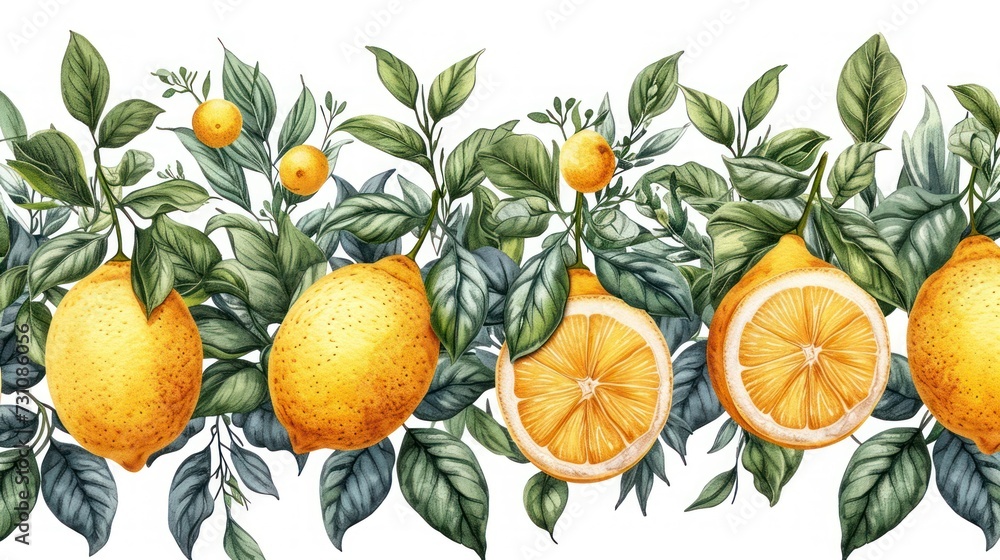Poster a group of oranges on a tree with leaves and oranges on a branch with leaves and oranges on a white 