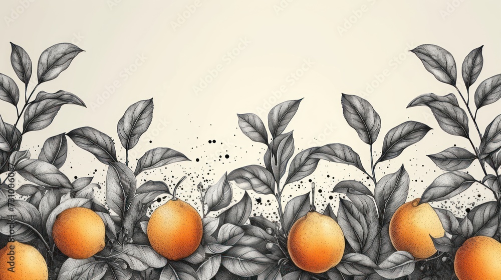 Poster a drawing of a group of oranges on a branch with leaves and sprouts on a white background.