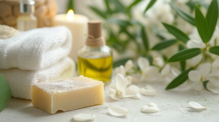 Fototapeta na wymiar Spa Wellness Setup with White Towels, Massage Oil, and Soap among Fresh Flowers, Aromatherapy Concept