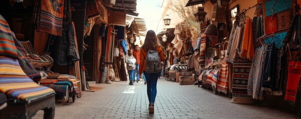 Wide shot of a female solo traveler exploring the streets of the Marrakech during her vacation. - obrazy, fototapety, plakaty