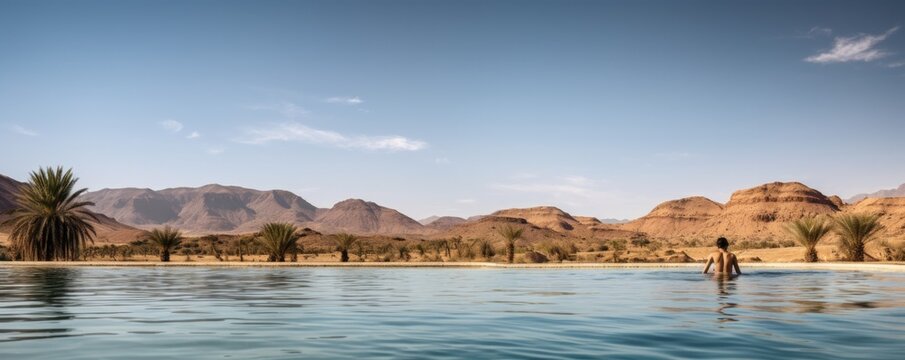 Wide shot of a man swimming in a pool at a Moroccan desert camp during his vacation.
