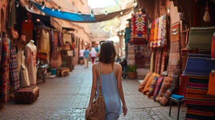 Wide shot of a female solo traveler exploring the streets of the Marrakech during her vacation.