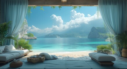 A tranquil indoor scene, where a window frames a picturesque view of a beach, with lush plants,...