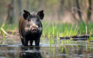Wild boar (Sus scrofa), a male Eurasian wild pig, in its natural habitat of the swamp during springtime.