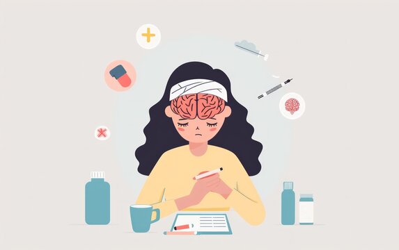 Illustration in flat style depicting a woman applying a bandage on a brain injury.