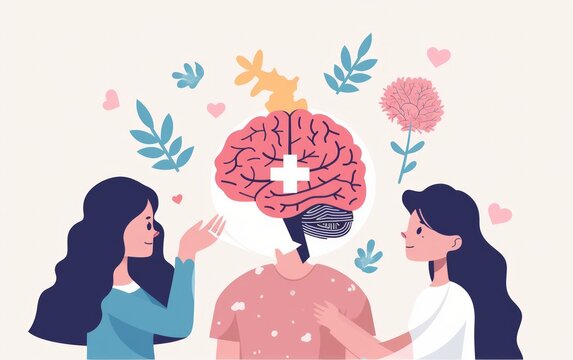 Illustration in flat style depicting a woman applying a bandage on a brain injury.