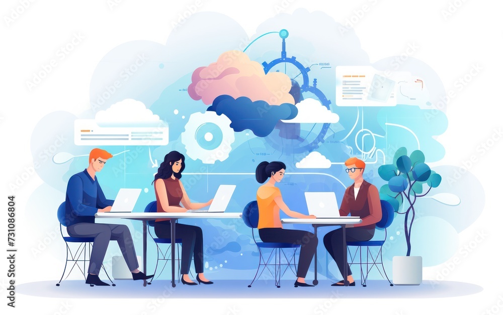 Aufkleber illustration of a dynamic team working collaboratively in a modern office setting