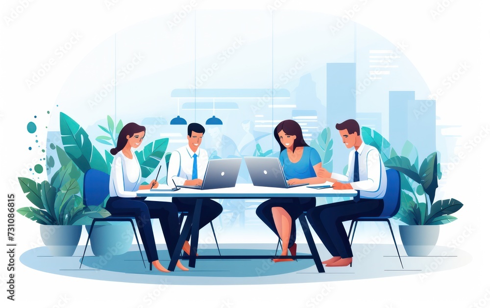 Aufkleber illustration of a dynamic team working collaboratively in a modern office setting