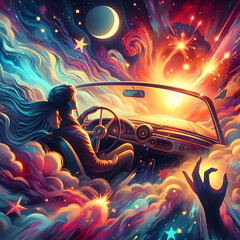 psychedelic couple in the space driving a car