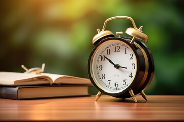 Naklejka premium Alarm clock stands in front of a stack of books, symbolizing time management and education