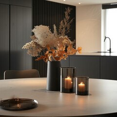 Modern Home Interior with Dried Flowers Arrangement and Lit Candles on a Dining Table