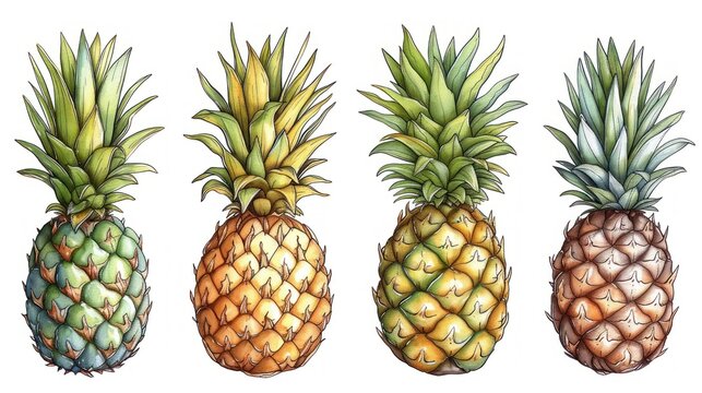 a group of three pineapples sitting next to each other on top of a white surface with a white background.