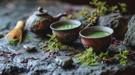 miniature matcha tea bowls, with finely ground green tea and tiny bamboo whisk, arranged on a...