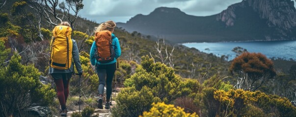 Adventurous, active women embrace Tasmania's untamed beauty through exhilarating bushwalking, exploring the wild.