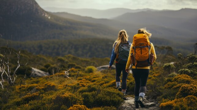 Adventurous, active women embrace Tasmania's untamed beauty through exhilarating bushwalking, exploring the wild.