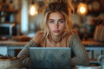 A determined young woman gazes confidently at the camera, her laptop open on the table beside her as she sits against a plain wall, showcasing her intelligence and stylish clothing