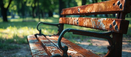A close-up of a bench made of metal and wood in a city park during the summer. - Powered by Adobe