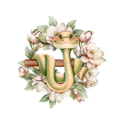 Snake and flowers. Cute illustration of green snake on decorative floral background. - 731087238