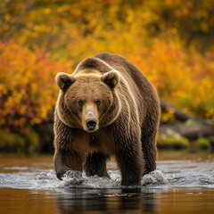 A large brown bear fishing in a forest river during autumn. Made with generative ai