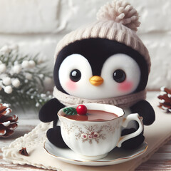 Peluche of a penguin  drinking a hot chocolate
