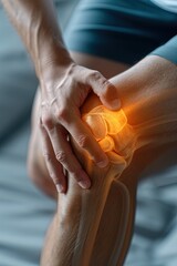  Digitally generated image of man suffering with knee inflammation. Inflamed knee joint limits range of motion.