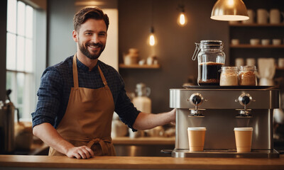 Barista at Work: A smiling man in a hipster-style apron, standing behind a modern coffee machine in a cozy café.