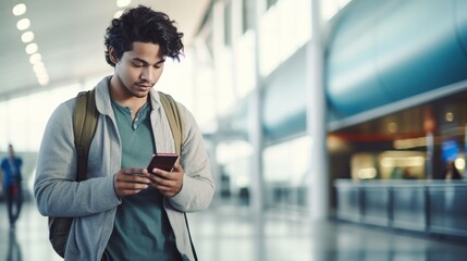 A young Afro man at the airport looks at the list of destinations while holding a cell phone, checking departure schedules of planes.