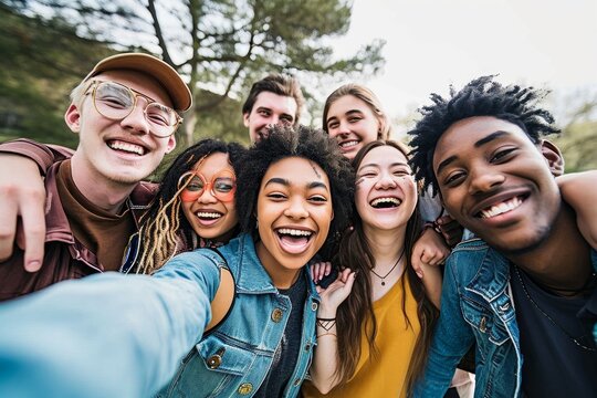 Multiracial friends taking big group selfie shot smiling at camera -Laughing young people standing outdoor and having fun - Cheerful students portrait, Generative AI
