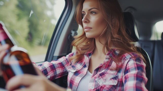Dangerous consequences  reckless young woman driving under the influence with wine bottle in hand