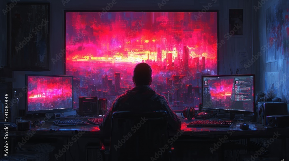 Poster a man sitting at a desk in front of two computer monitors with a cityscape on the wall behind him.