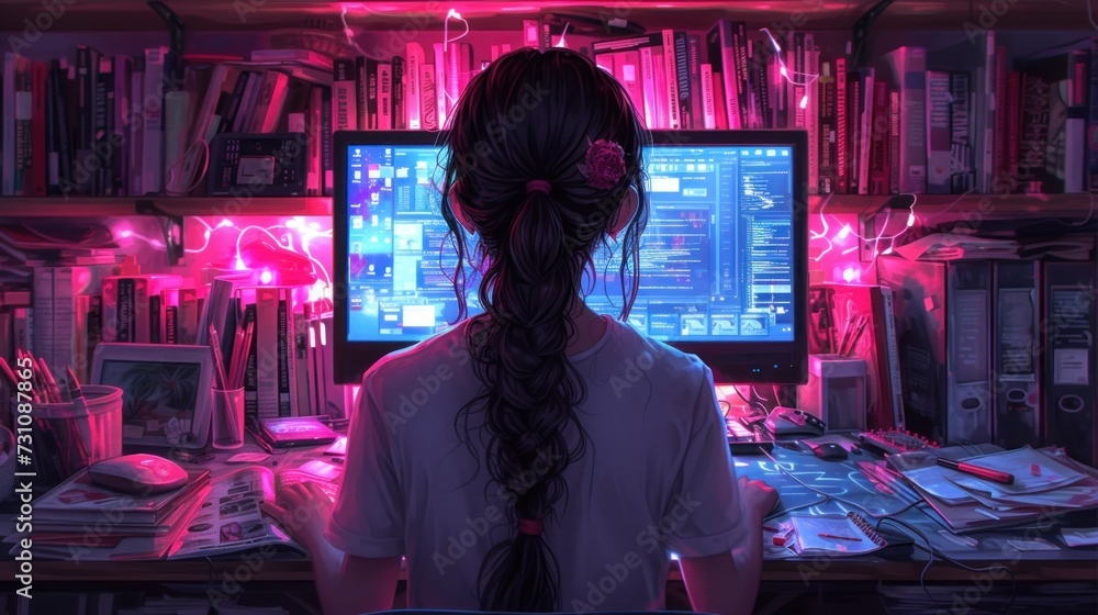 Aufkleber a girl sitting in front of a computer in a room with bookshelves and a desk with a computer on it.