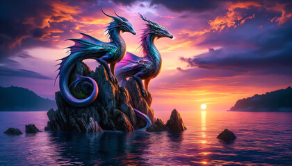 Aquatic Creatures on a Rock at Dusk. Mystical Sea Creatures at Sunset Rock. A pair of mystical sea creatures, blending dolphin and dragon features. - obrazy, fototapety, plakaty