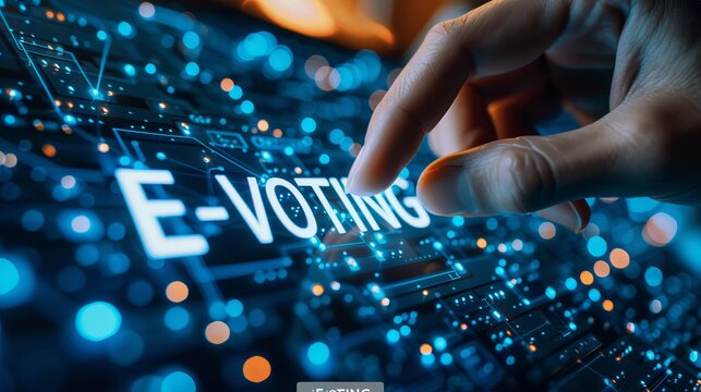 E voting concept  hand pressing  e voting  with holograms on dark blue background.