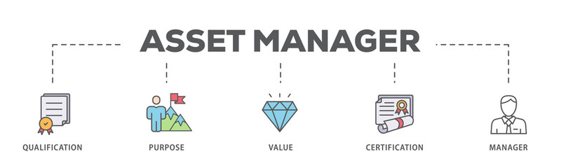 Asset manager banner web icon illustration concept with icon of qualification, purpose, value, certification and manager