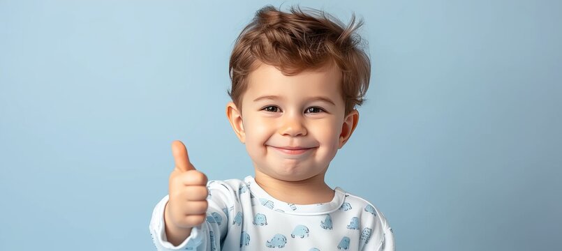 Joyful toddler giving a thumbs up on vibrant pastel background with space for text placement