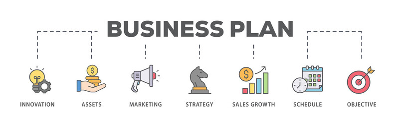 Business plan  banner web icon illustration concept with icon of innovation, assets, marketing, strategy, sales growth, schedule, and objective - obrazy, fototapety, plakaty