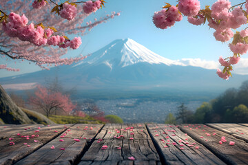 Empty_wooden_table_in_spring_with fuji mountain 11 - obrazy, fototapety, plakaty