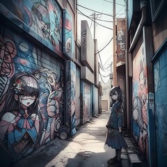 Fototapeta na wymiar Anime Character in an Urban Alley