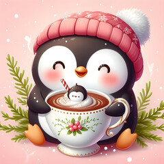 Cute cartoon illustration of a penguin drinking a hot chocolate