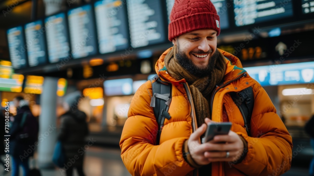 Poster smiling bearded man using smartphone at airport station with a cheerful and content expression