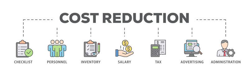 Cost reduction banner web icon illustration concept with icon of checklist, personnel, inventory, salary, tax, advertising and administration