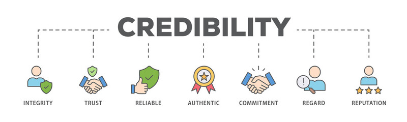 Credibility banner web icon illustration concept with icon of integrity, trust, reliable, authentic, commitment, regard, and reputation
