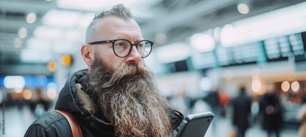 Poster smiling bearded man using smartphone at airport station with space for text placement