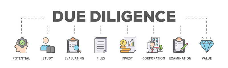 Due diligence banner web icon illustration concept with icon of potential, study, evaluating, files, invest, corporation, examination and value