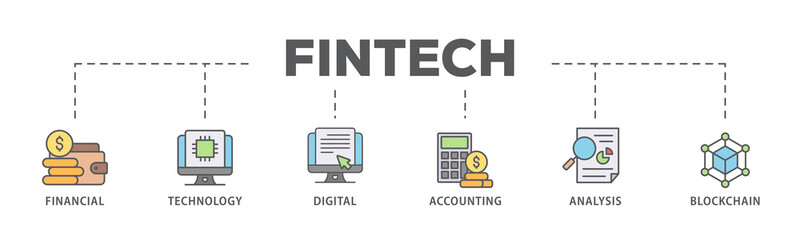Fintech banner web icon illustration concept with icon of financial, technology, digital, accounting, analysis and blockchain